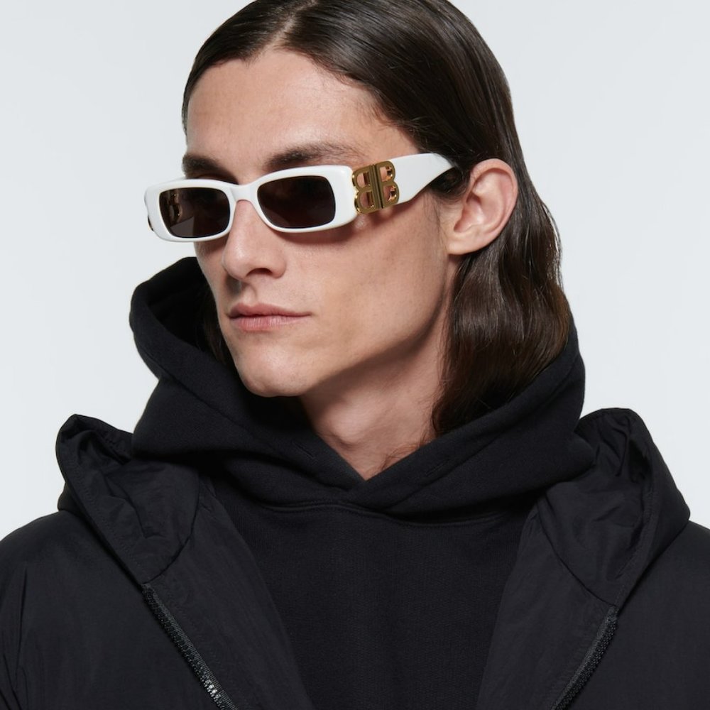 NEW Balenciaga BB0096S 011 White Gold Logo Grey Rectangle Unisex Sunglasses - Picture 3 of 14
